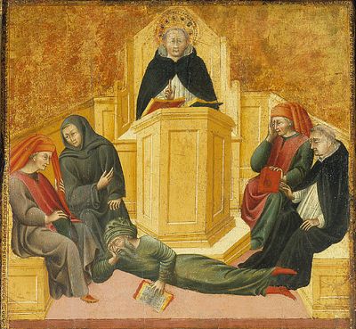 Giovanni di Paolo's fifteenth-century panel Saint Thomas Aquinas Confounding Averroes, showing Aquinas enthroned with an open book while Averroes reclines defeated at his feet.