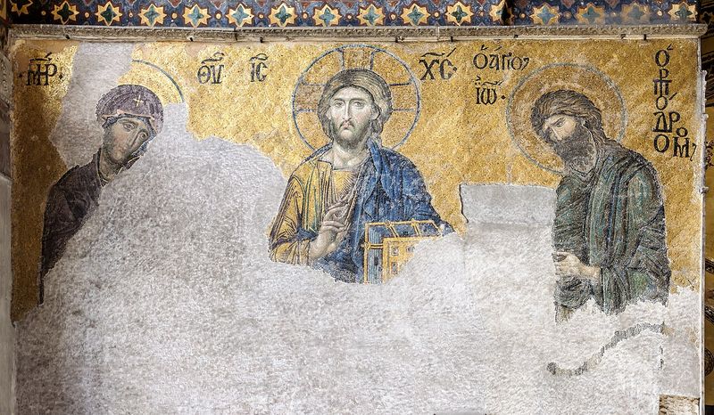 Deësis mosaic in the Hagia Sophia showing Christ, the Virgin Mary, and John the Baptist — a masterpiece of Eastern Orthodox Byzantine art.