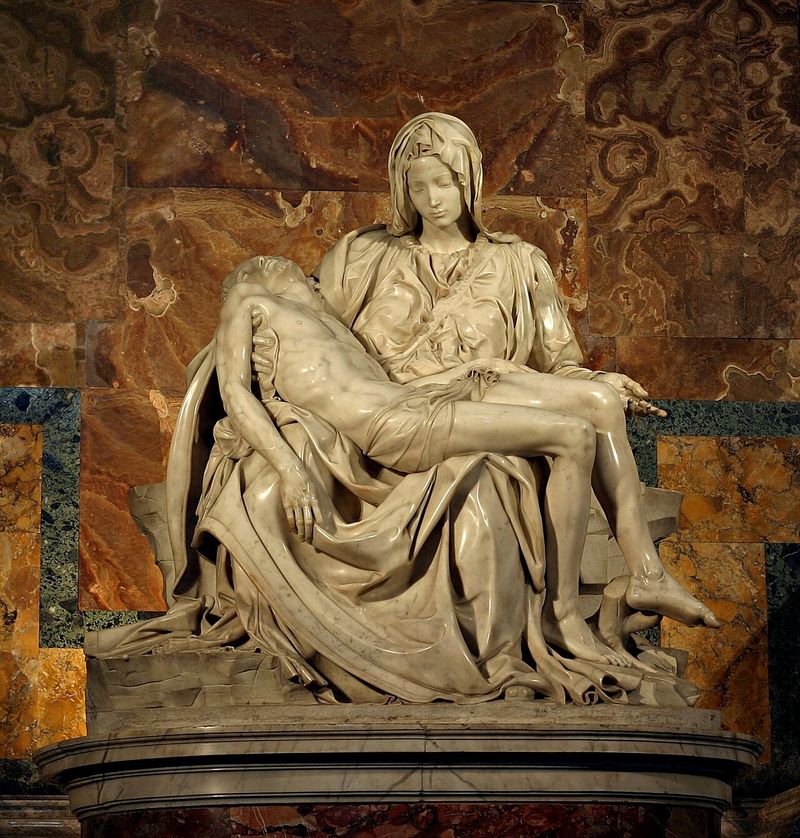 Michelangelo's Pietà (1499) in St. Peter's Basilica: Mary cradling the dead body of Christ