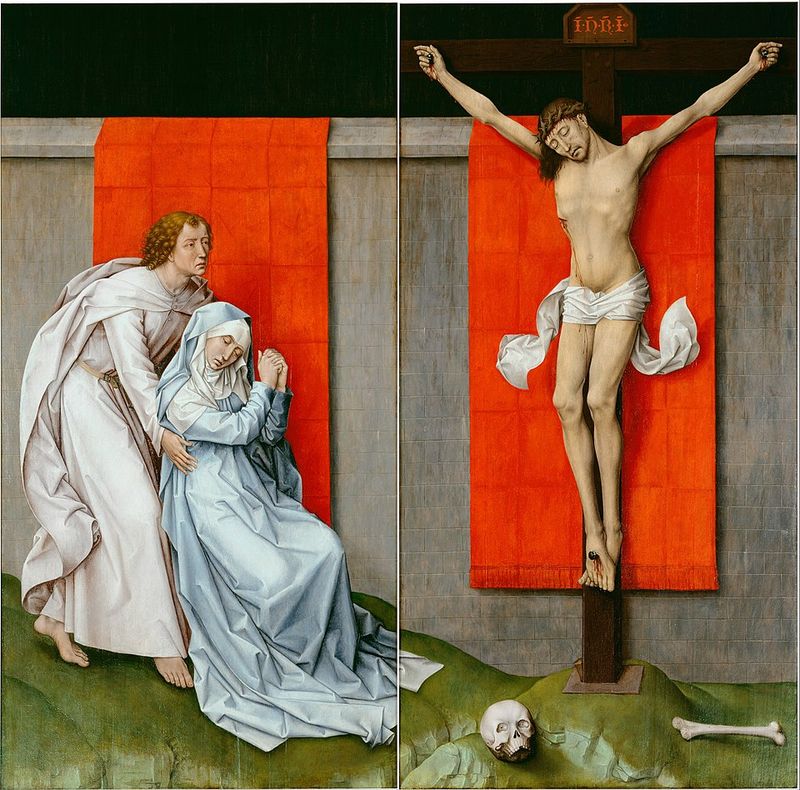 Rogier van der Weyden's 'The Crucifixion, with the Virgin and Saint John the Evangelist Mourning' (c. 1460) from the Philadelphia Museum of Art, showing Mary and John at the foot of the cross