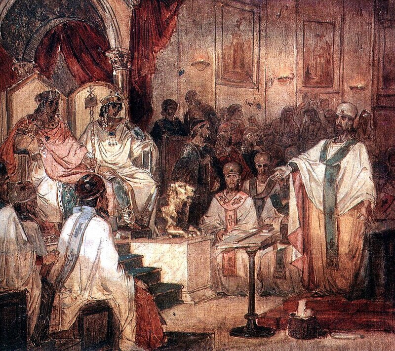 Vasily Surikov, Fourth Ecumenical Council of Chalcedon (1876), oil on canvas — Russian Museum, St. Petersburg. Public domain.
